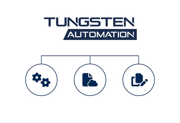 Blue Tungsten Automation logo on white background with cog, cloud and document icons in circles