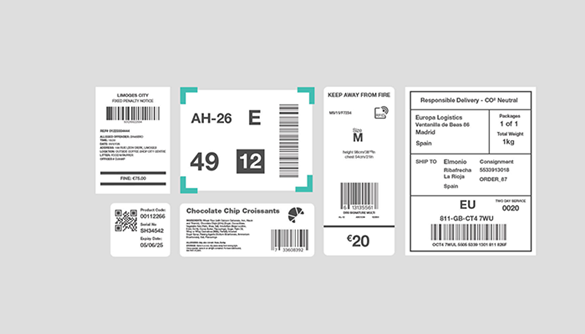 Selection of illustrated barcode labels on a grey background