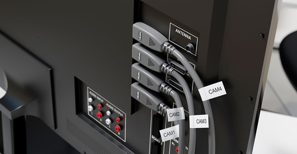 Brother flexible-ID labels wrapped around video HDMI cables going into a monitor